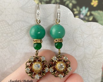 Vivian pierres précieuses boucles d’oreilles turquoise jade Swarovski vintage Art Déco étincelant strass bleu vert bronze sterling argent crochets 925