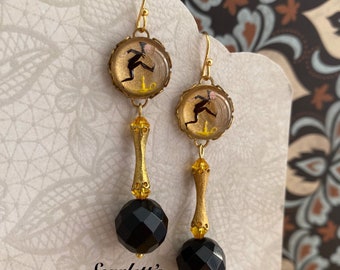 Jack be nimble Earrings: vintage 1950s intaglio hand painted glass cabochon, black agate gemstone, Swarovski, black, yellow, 14k GF hooks