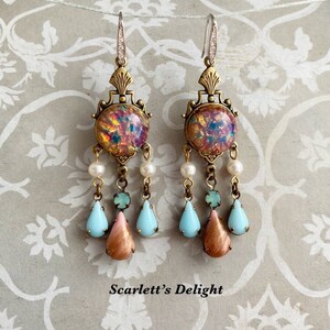 Priscilla Earrings: vintage glass pink fire opals, real pearls, blue Swarovski, Victorian, art nouveau Deco brass chandelier 925 hooks image 4