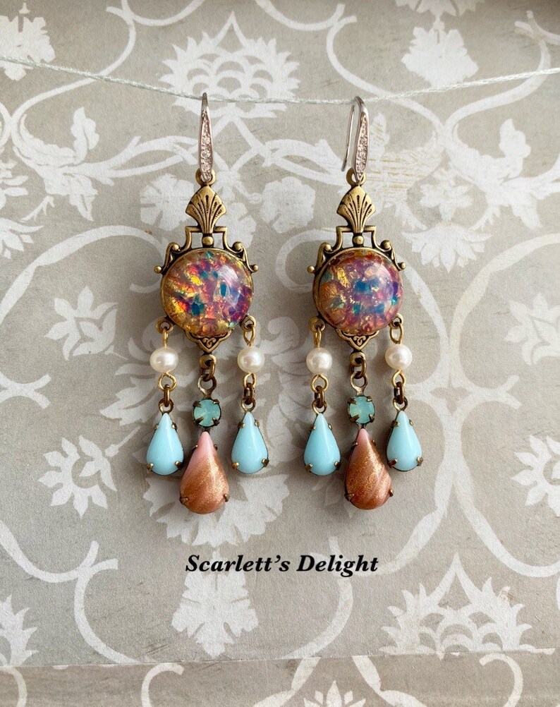 Priscilla Earrings: vintage glass pink fire opals, real pearls, blue Swarovski, Victorian, art nouveau Deco brass chandelier 925 hooks image 4