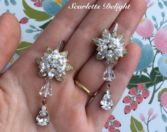 Vintage Ayana crystal flower star Swarovski Crystal statement earrings stg sliver rhinestone hooks