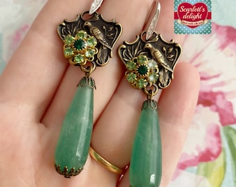 Nymph earrings: green chalcedony gemstone gems semi precious stone bird flower vintage Swarovski crystal rhinestone sterling silver 925