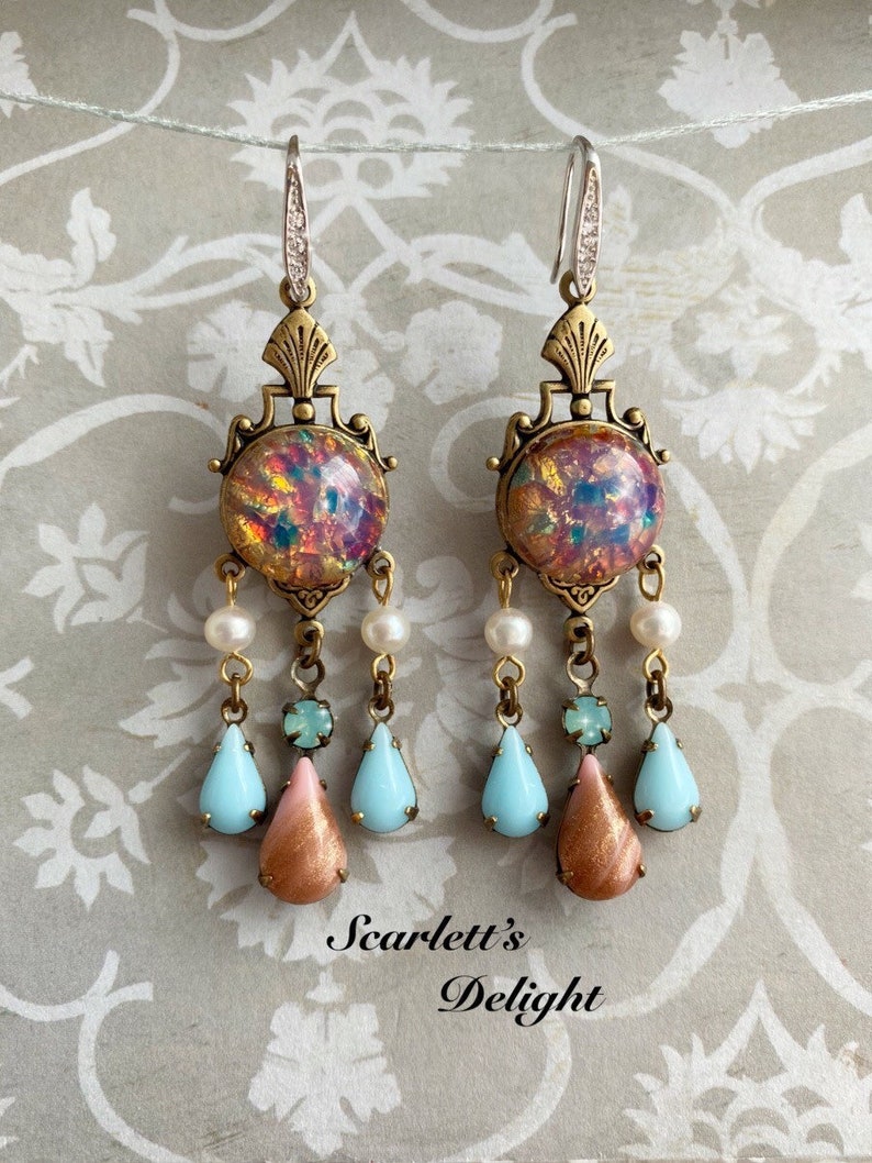 Priscilla Earrings: vintage glass pink fire opals, real pearls, blue Swarovski, Victorian, art nouveau Deco brass chandelier 925 hooks image 5