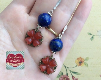 Aster Earrings: vintage heart flower red cabochon glass lapis lazuli gemstone semi precious stone sterling silver rhinestone diamonte hooks