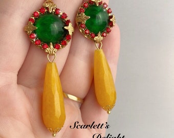 Stoneking Earrings: statement vintage ornate marbled glass, Swarovski red rhinestones, Tudor, Victorian, green, yellow gemstone 14k GF hooks