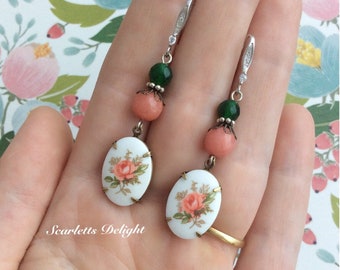 Rosalia cameo rose Earrings: vintage Japanese glass decal, pink and green jade sterling silver rhinestone crystal hooks