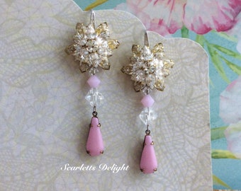 Vintage pink Ayana crystal flower star Swarovski Crystal statement earrings gift rhinestone glass diamanté stg sliver rhinestone hooks