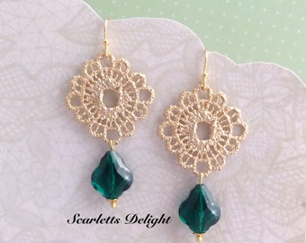 Tilly emerald Earrings: Swarovski Crystal pear teardrop rhinestone gold lace crochet zinc rhodium, green, quality 14k GF hooks