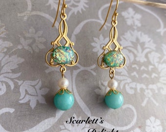 Boucles d'oreilles Estelle : opales de feu vintage victoriennes en verre bleu aqua filigrane de laiton, perles d'eau douce amazonite art nouveau or 14 carats GF