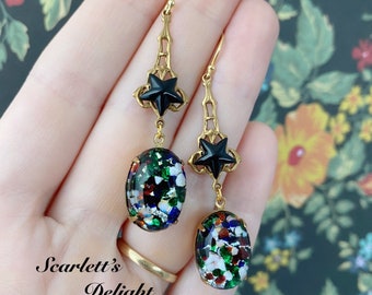 Mystic star statement earrings black onyx gemstone vintage glass cabochon chakra stg silver rhinestone hooks