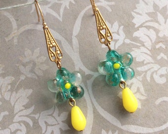 Amanda Earrings: vintage brass filigree, dandelion yellow Japanese drops, vintage flower glass aqua gold beads, 14k gold filled hooks