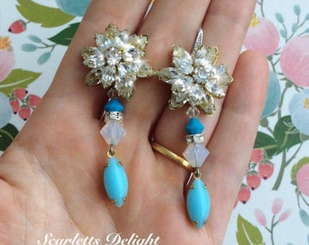 Vintage blue Ayana crystal flower star Swarovski Crystal statement bridal earrings gift turquoise glass stg sliver rhinestone hooks