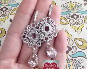 Tilly rose Earrings: antique rose Swarovski Crystal pear teardrop rhinestone silver lace crochet yarn zinc rhodium sterling silver 925 hooks