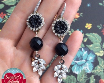 Clara Earrings: vintage 40s west Germany Antique Jet cabochons, black agate gemstones, Swarovski Crystal rhinestones, stg silver