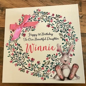 Cute Personalised Watercolour 1st Birthday Card Daughter, Granddaughter, Niece, 2nd  3rd 4th 5th 6th Pink With Bunny