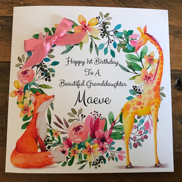 Cute Personalised Girls 1st Birthday Card Daughter, Granddaughter, Niece, Goddaughter, First 2nd 3rd 4th 5 6th 7th 8 9 With Giraffe and Fox