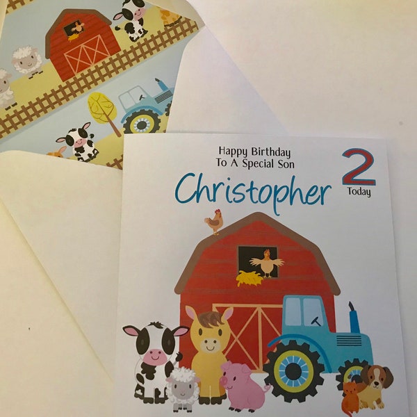 Personalised Farm 1st Birthday Card Son  Grandson, Nephew, Godson 2nd 3rd 4th 5th 6th With Lined Envelope