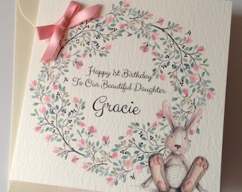 Cute Personalised Watercolour 1st Birthday Card Daughter, Granddaughter, Niece, 2nd  3rd 4th 5th 6th Pink With Bunny