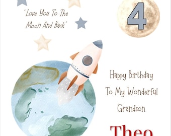 Personalised Rocket Ship Space Birthday Card For Son, Grandson, Friend, 1st, 2nd, 3rd, 4th 5th