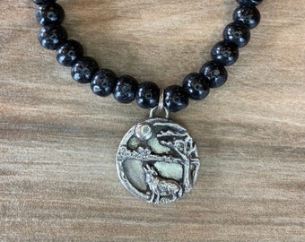 Wolf Black Wood Stretch Bracelet, Gift for Animal Lovers, Lone Wolf Pendant, Scenic Silhouettes Jewelry