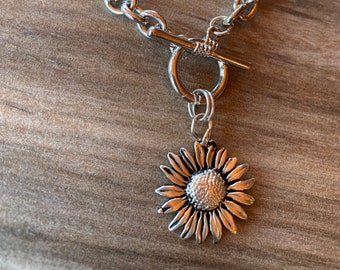 Sunflower Toggle Bracelet, Sun Flower Pendant, Sunshine Jewelry, Botanical Talisman, Gift for Plant Lovers, Floral Charm