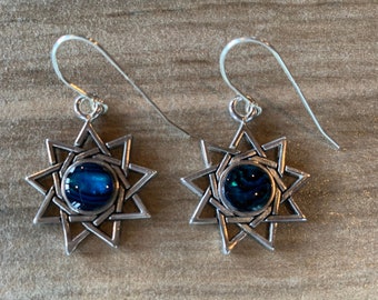 Bahai Jewelry Freshwater Pearl Nine Pointed Star Sterling Silver Wirewrapped Earrings Handmade Baha/'i Star Symbol Gemstone Earrings