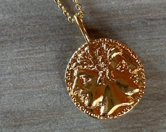 Janus Roman God of Beginnings Gold Plated Necklace, Mythology Jewelry, Ancient Handmade Coin, Gift to Celebrate Past and Future