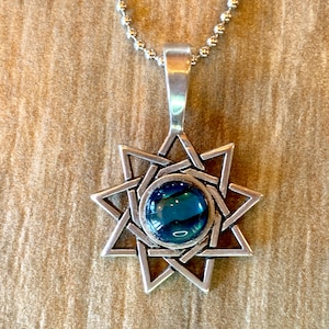 Nine Pointed Star Necklace with blue paua shell cabochon, Symbology Bahai 9 Completeness and Perfection