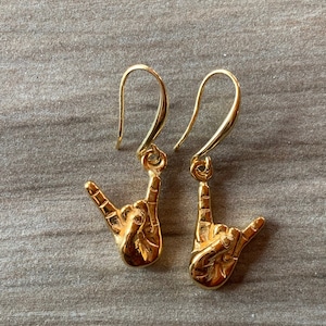 Rock on hand gold plated earrings, ASL, Rock and Roll, Hand gesture jewelry,Christmas present, gift for music lovers