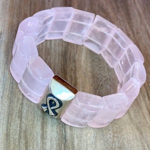 Wide Rose Quartz Breast Cancer Awareness Bracelet, Gratitude for Life,  Supporter and Survivors Gift, Pink Ribbon Jewelry