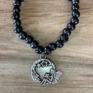 Fairy and Moon Wood Stretch Bracelet, Gift for Her, Mothers Day, Mystical Creature Pendant, Scenic Silhouettes Jewelry