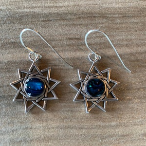 Nine Pointed Star Earrings with blue paua shell cabochon, Symbology Bahai 9 Completeness and Perfection
