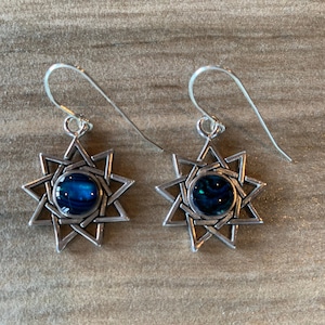 Nine Pointed Star Earrings with blue paua shell cabochon, Symbology Bahai 9 Completeness and Perfection