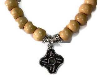 New Mexico Zia Symbol Light Wood Stretch Bracelet, UNM Licensed Charm Jewelry, Gift for Graduate, Student, University of New Mexico Sports