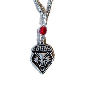 UNM Lobo Chevron Wolf Charm Necklace With Red Bead Accent, Licensed Wolf Charm Jewelry, Gift for Graduate, Student, University of New Mexico