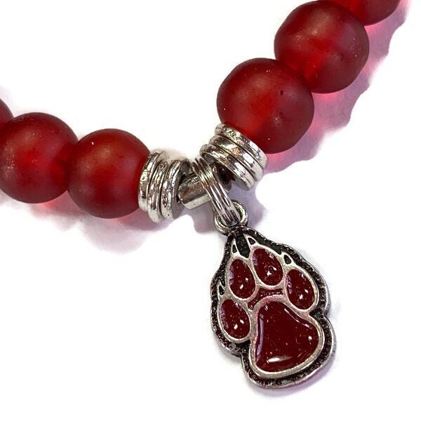 UNM Lobos Red Paw Red Glass Stretch Bracelet, UNM Licensed Wolf Charm Jewelry, Gift for Graduate, Student, University of New Mexico Sports