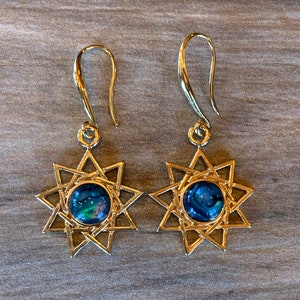 Nine Pointed Star Gold plated earring with blue paua shell cabochon, Symbology Bahai 9 Completeness and Perfection