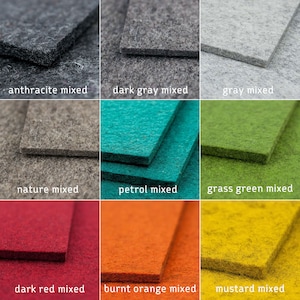Peut inclure: Neuf échantillons de tissu feutre mélangé de différentes couleurs. Les couleurs incluent anthracite, gris foncé, gris, nature, pétrole, vert herbe, rouge foncé, orange brûlé et moutarde. Le nom de chaque couleur est imprimé en dessous.