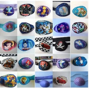 May include: A collection of 25 colorful eye patches with various cartoon characters, including Disney princesses, superheroes, and popular cartoon characters. The eye patches are made of soft fabric and have adjustable straps.