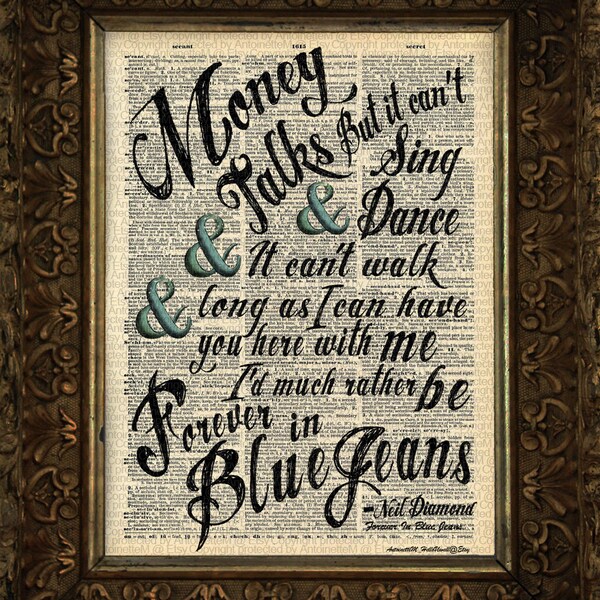 Neil Diamond, Forever In Blue Jeans Transformative Lyric, on Antique Dictionary Art Print,Wall Decor,Wall Art Mixed Collage