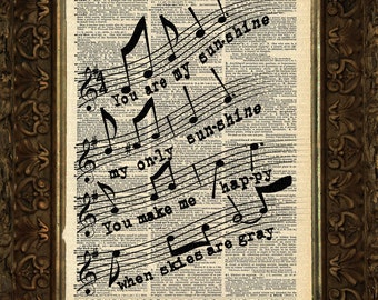 You Are My Sunshine, Music Measure, Dictionary Print, dictionary Art, Book Art, wall Decor, Wall Art Mixed Media Collage, Gift