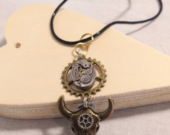 Steampunk Bull necklace, Ethnic punk, Gothic Vintage Watch parts, Cosplay, or unisex gift.