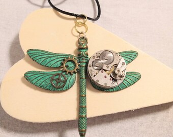 Dragonfly w/patina Steampunk necklace, Ethnic punk, Gothic Vintage Watch parts, Cosplay, or unisex gift.