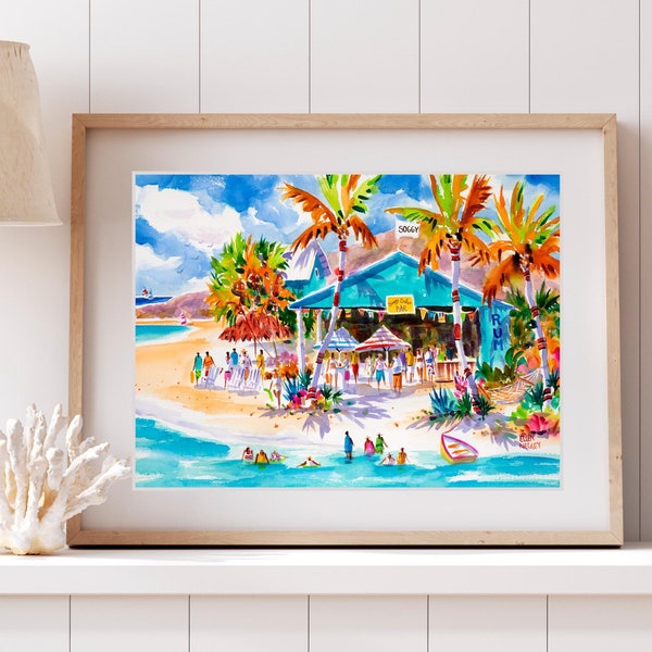 Impresión de Soggy Dollar Bar, arte de playa caribeña, arte mural de las Islas Vírgenes Británicas, decoración tropical en acuarela, regalo de las Islas Vírgenes Británicas
