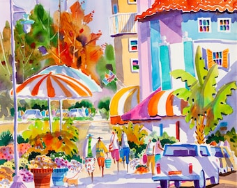 Sarasota Florida Art, St. Armands circle, Sarasota, Tropical print, Coastal Decor, Colorful Art, Watercolor Print, Negley, Tropical Art