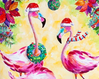 Christmas Flamingo, Flamingo gift, Flamingo Art Print, Holiday Flamingo, Christmas beach gift, Christmas watercolor, Christmas art print