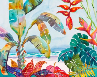 Tropical plant print, banana plant, heliconia print, tropical botanical print, Tropical foliage art, colorful art, beach art,  Ellen Negley