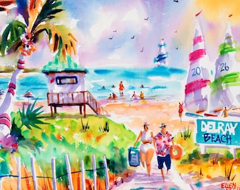 Delray Beach Art Print, Colorful Beach, Sailboat watercolor, Ellen Negley Watercolors