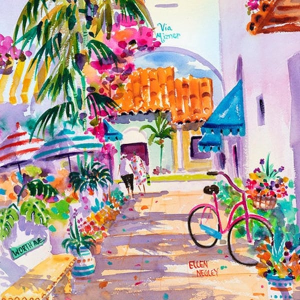Palm Beach, Florida Art Print, Bicycle Art Print, Watercolor Print, Via Mizner, Tropical Art, Ellen Negley Watercolors, Colorful Art Print
