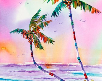 May include: A watercolour painting depicting two palm trees on a beach with a pink and orange sunset in the background. The palm trees are painted in a vibrant green and blue, with the trunks painted in a white and pink striped pattern. The beach is painted in a light blue and white, with the water painted in a light purple and blue.